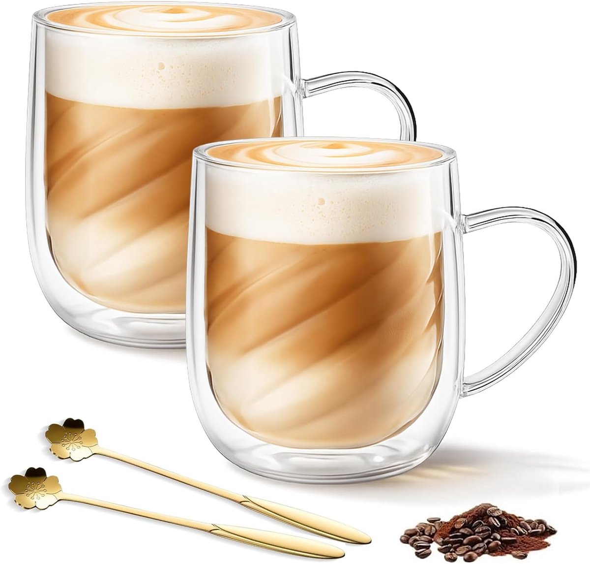 Macchiato-glazen, 350 ml, dubbelwandige thermoglazen van borosilicaatglas, met handvat en lepel, koffieglazen voor cappuccino, thee, espresso, melk en warme dranken (2 stuks)