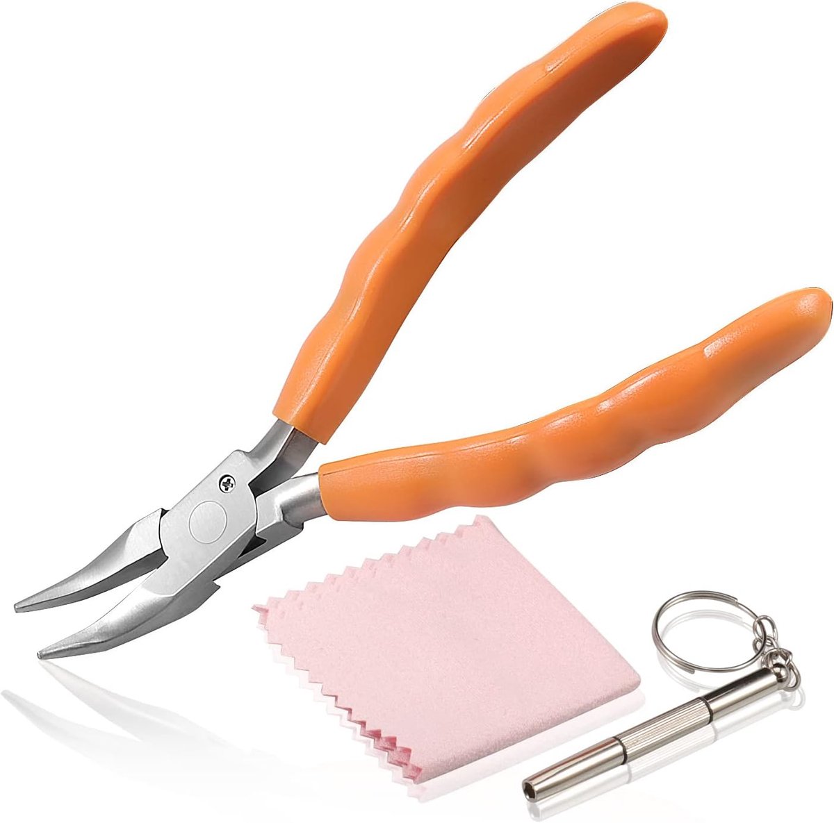 6 Inch gebogen neustang - roestvrijstalen brillenreparatie- en aanpassingsgereedschap met schroevendraaier en doek
