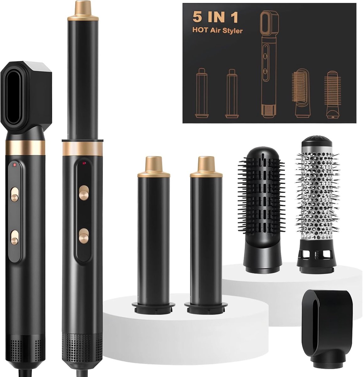 5-in-1 blaasborstel, Air Styler 1000 W met 5 opzetstukken, multistyler met 3 temperaturen en 2 snelheden, haardrogerborstel, airbrush voor haardroger, gladmaken, golvend, volume