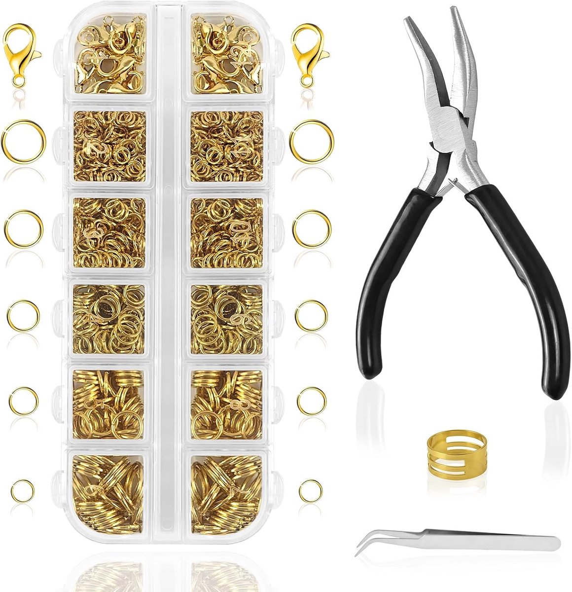 1200 stuks buigringen voor het maken van sieraden, buigringen en halskettingssluitingen met buigtang, gereedschap voor doe-het-zelf sieraden maken en halskettingreparatie (goud)