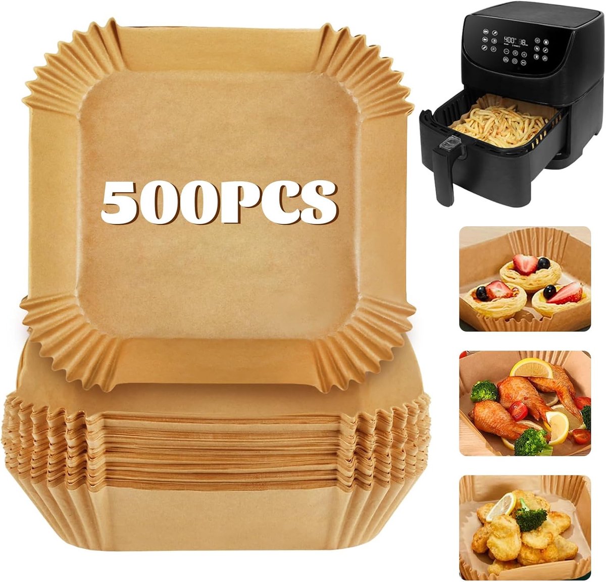 500 stuks Air Fryer bakpapier, vierkant heteluchtfriteuse bakpapier in natuurlijke kleur, 20 x 24 x 4,5 cm, wegwerp bakpapier voor airfryer