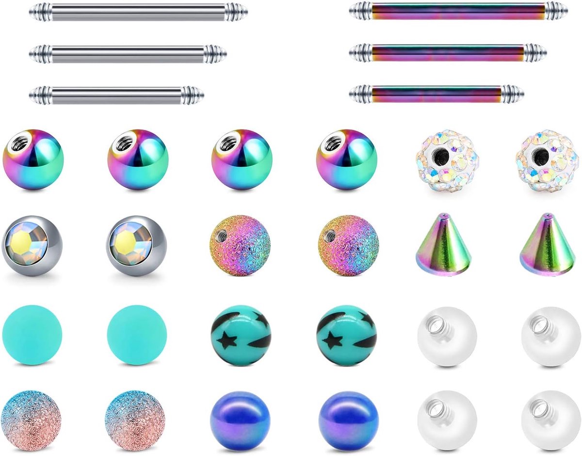 24 stks Vervanging Piercing Ballen Chirurgisch Staal & Acryl 5Mm 14G Tong Buik Industriële Barbell Body Sieraden, Roestvrij staal, Acryl, Staal