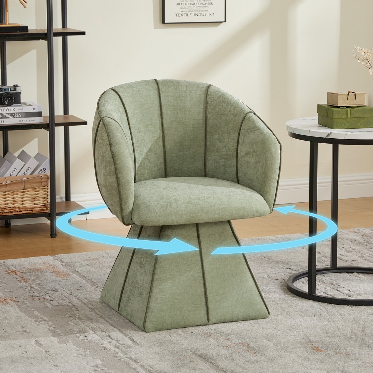 REDOM - Fauteuil - Ergonomische rugsteun - 360° draaibaar - Brede armleuningen - Moderne stijl - Woonkamer en slaapkamer - Chenille stof - Olijfgroen - 56 x 54 x 74,5 cm