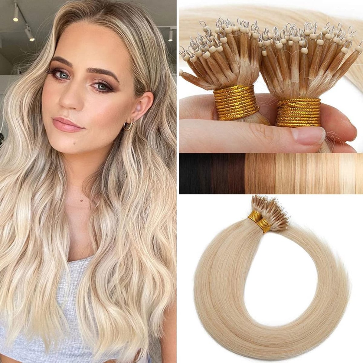 Echthaar Nanoring Extensions 1g - 50 Strands 100% Remy Haar, Platinum Blonde #60-1, 60cm (24") voor Volumineuze Haarverlenging