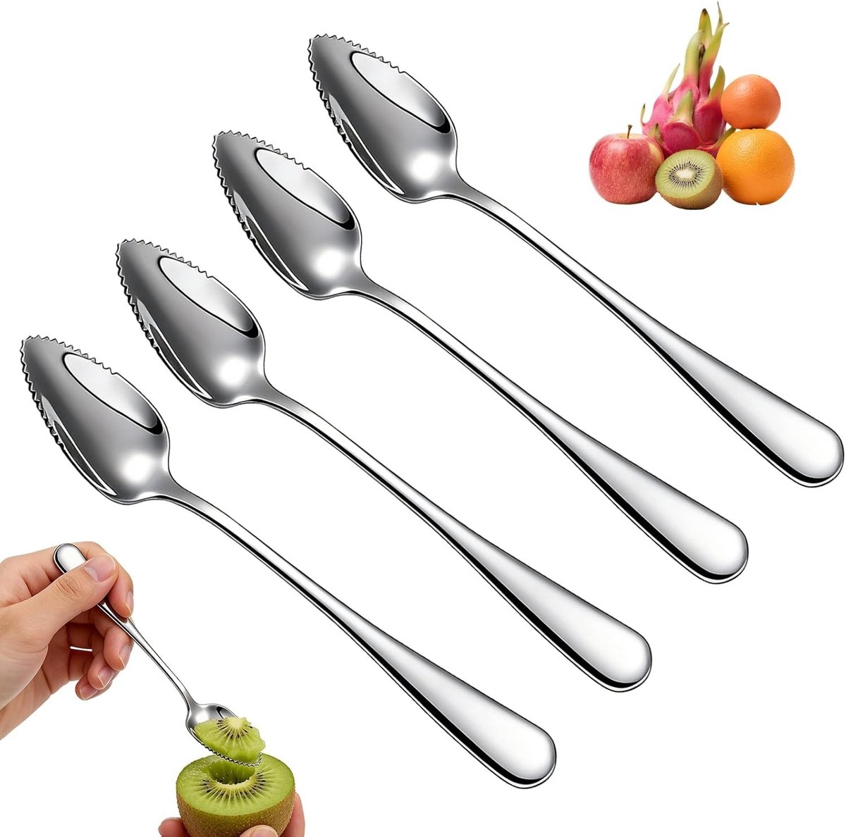 Set van 4 roestvrijstalen grapefruitlepels met gekartelde rand voor fruit en desserts, ideaal voor kiwi en appels