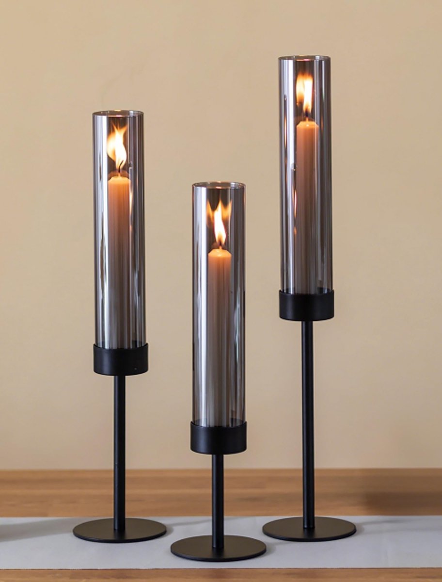 Omgoods - Set van 3 Kaarsenhouders met Rookglas voor Binnen en Buiten