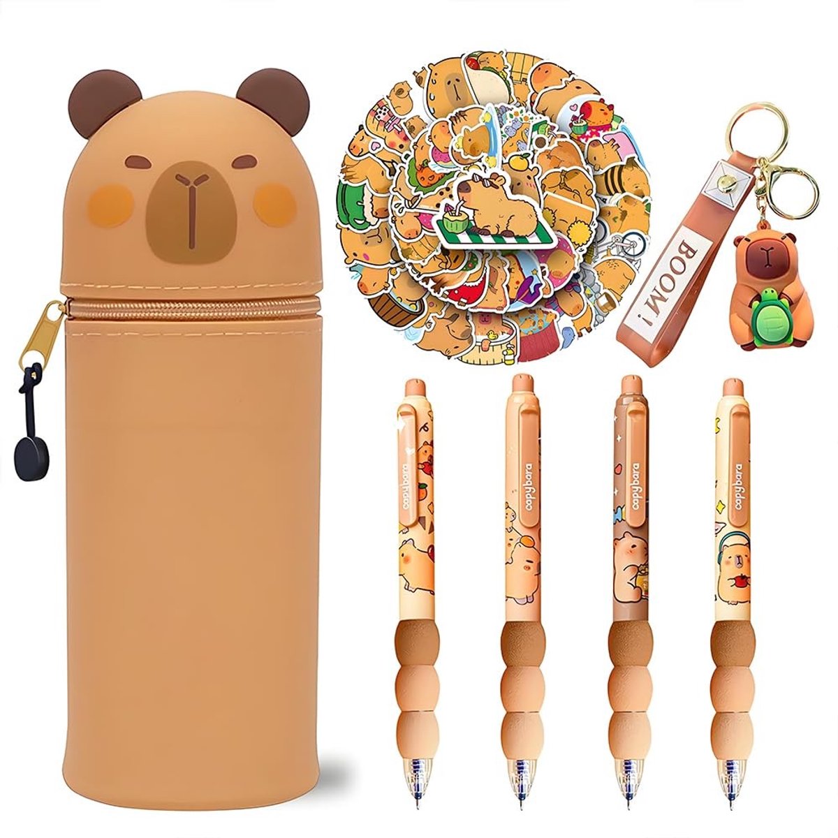 Omgoods - Kawaii Penneet met Multicolor Sleutelhanger en 4 Balpennen