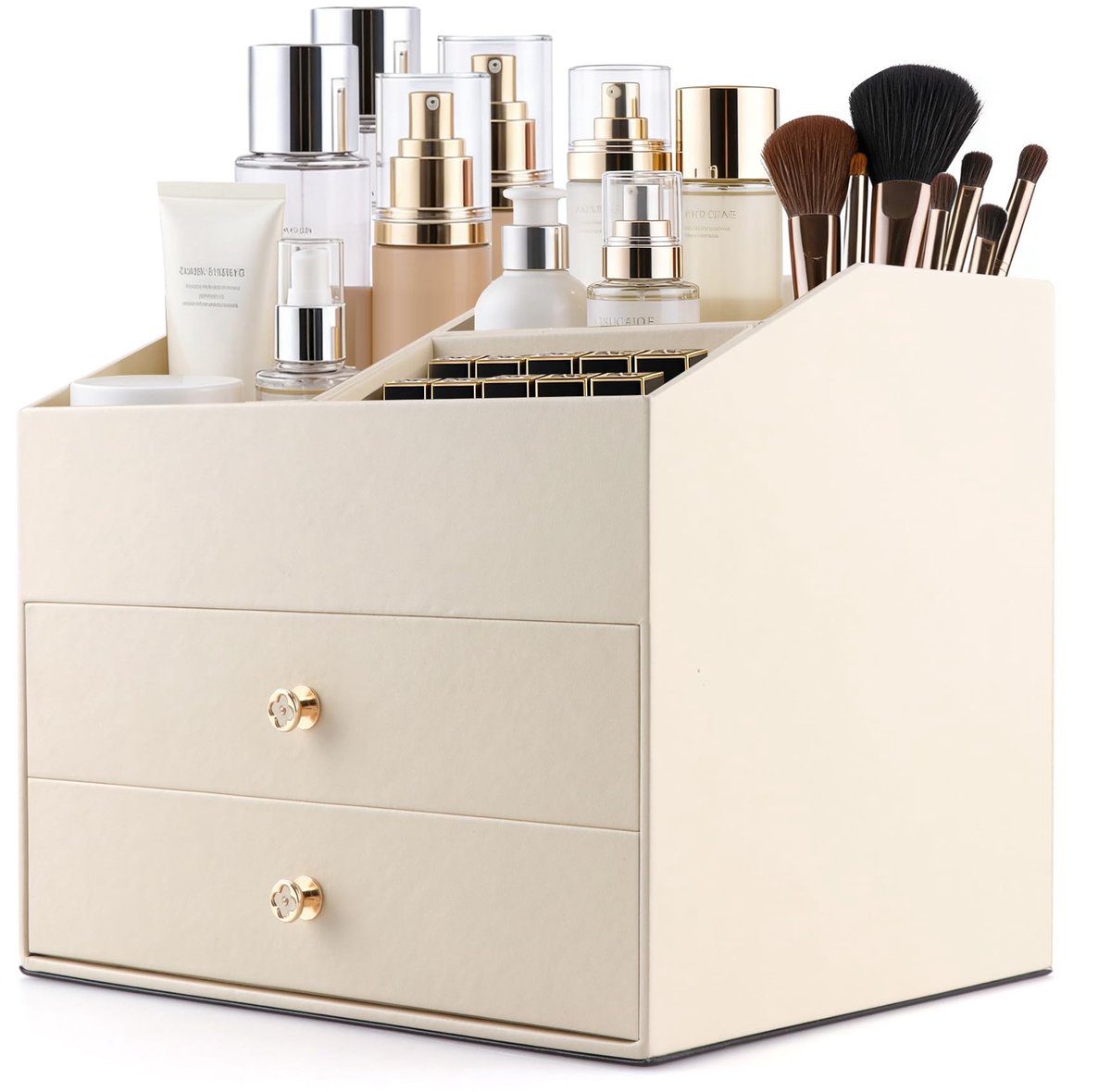 Omgoods - Makeup Organizer van Faux Leer met 2 Lades - Voor Cosmetica en Sieraden (Beige)