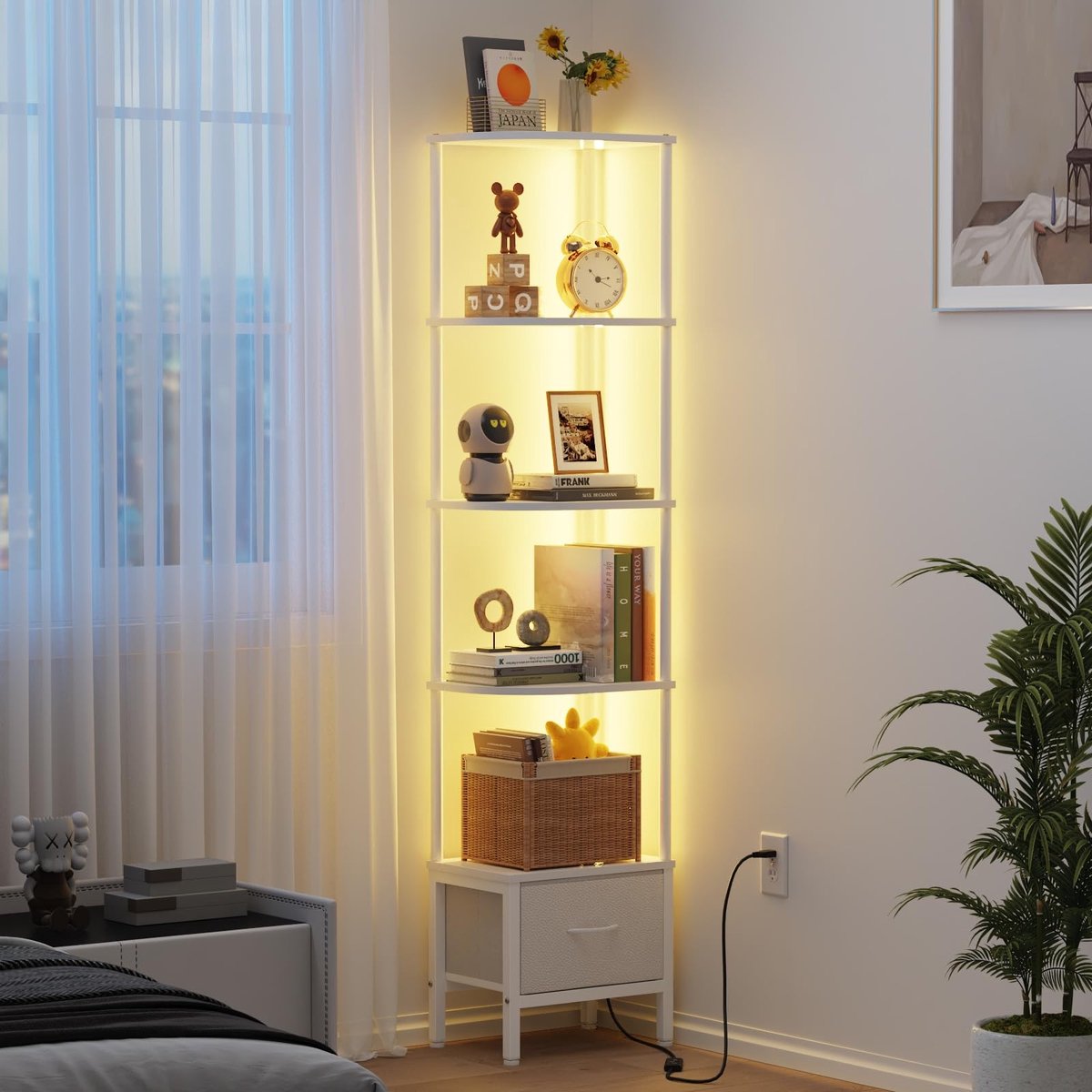 Omgoods - Hoekplank met 5 Niveaus en LED Verlichting, Wit