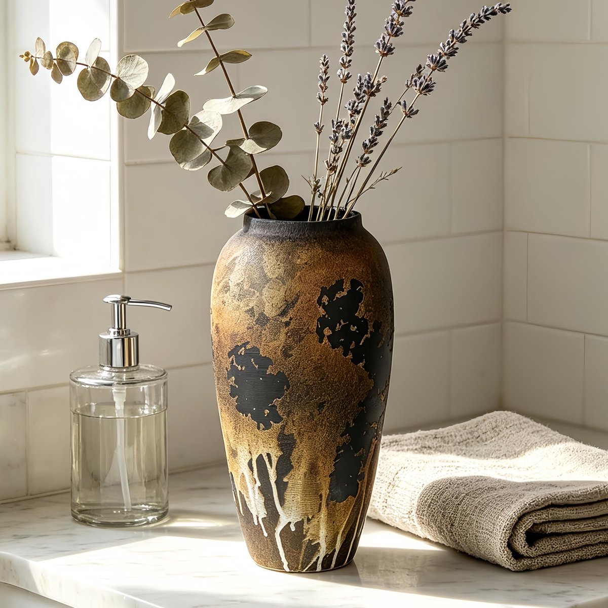 Omgoods - Zwarte Rustieke Keramische Vaas van 34 cm voor Minimalistische Decoratie