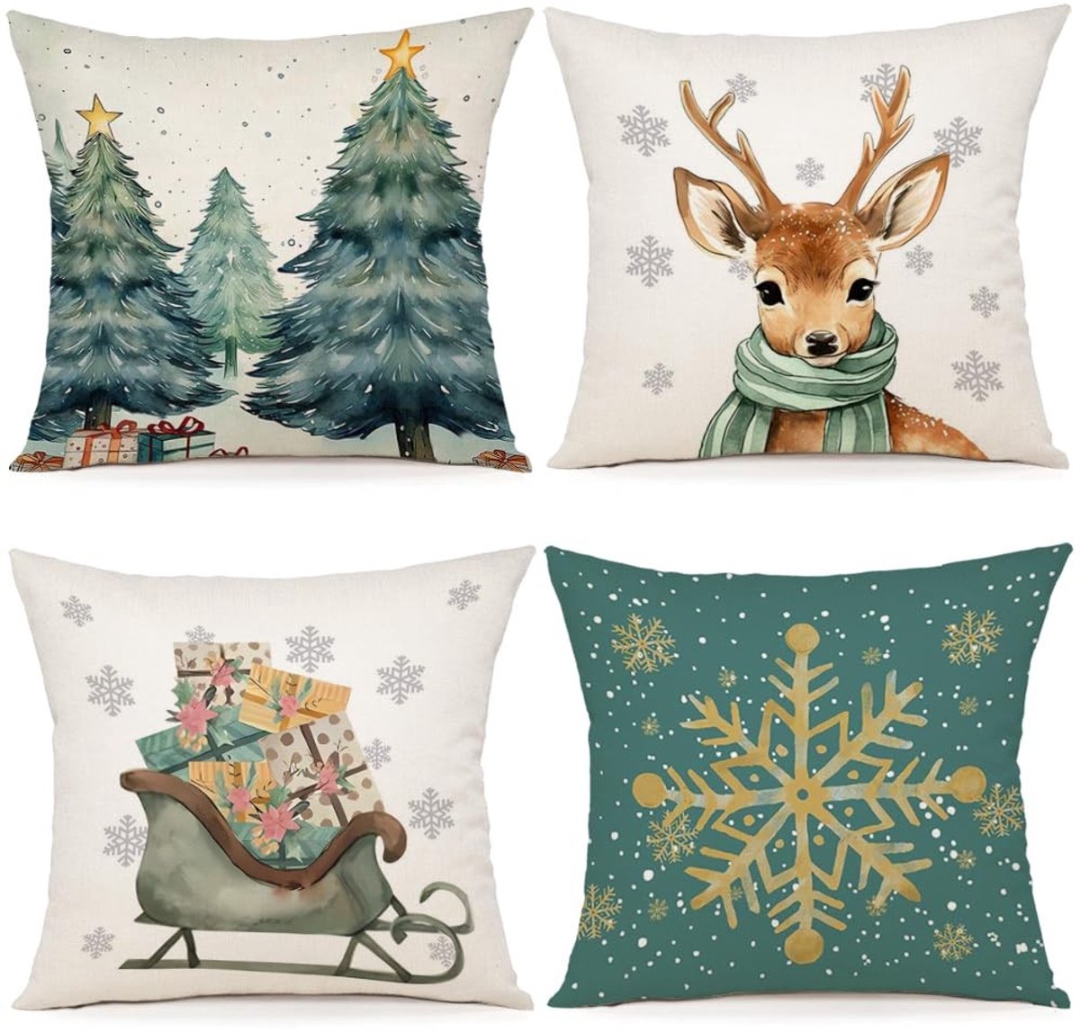 Omgoods - Set van 4 Kerst Kussenhoezen 60x60 cm Decoratief Linnen Stof