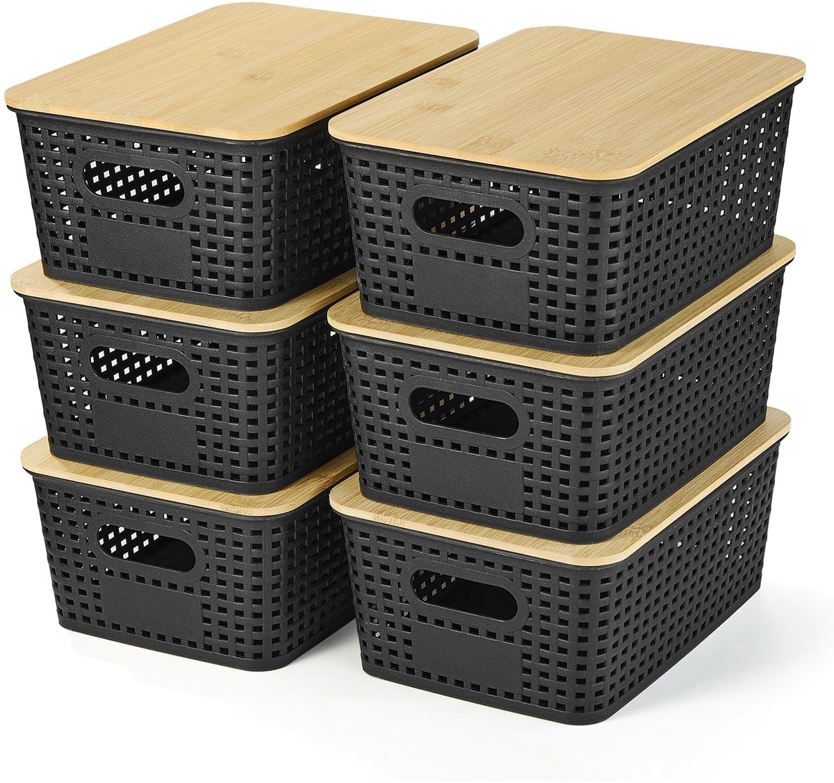 Omgoods - Set van 6 Plastic Opbergdozen met Bamboe Deksel