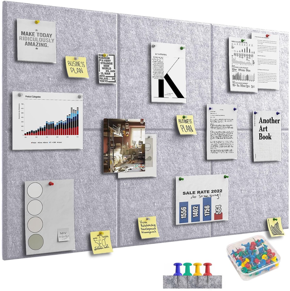 Omgoods- Prikbord Vilt 30 x 30 cm - 6 Stuks - 40 Punaises - Wanddecoratie - Memobord Thuis/Kantoor - Organisatie en Inspiratie