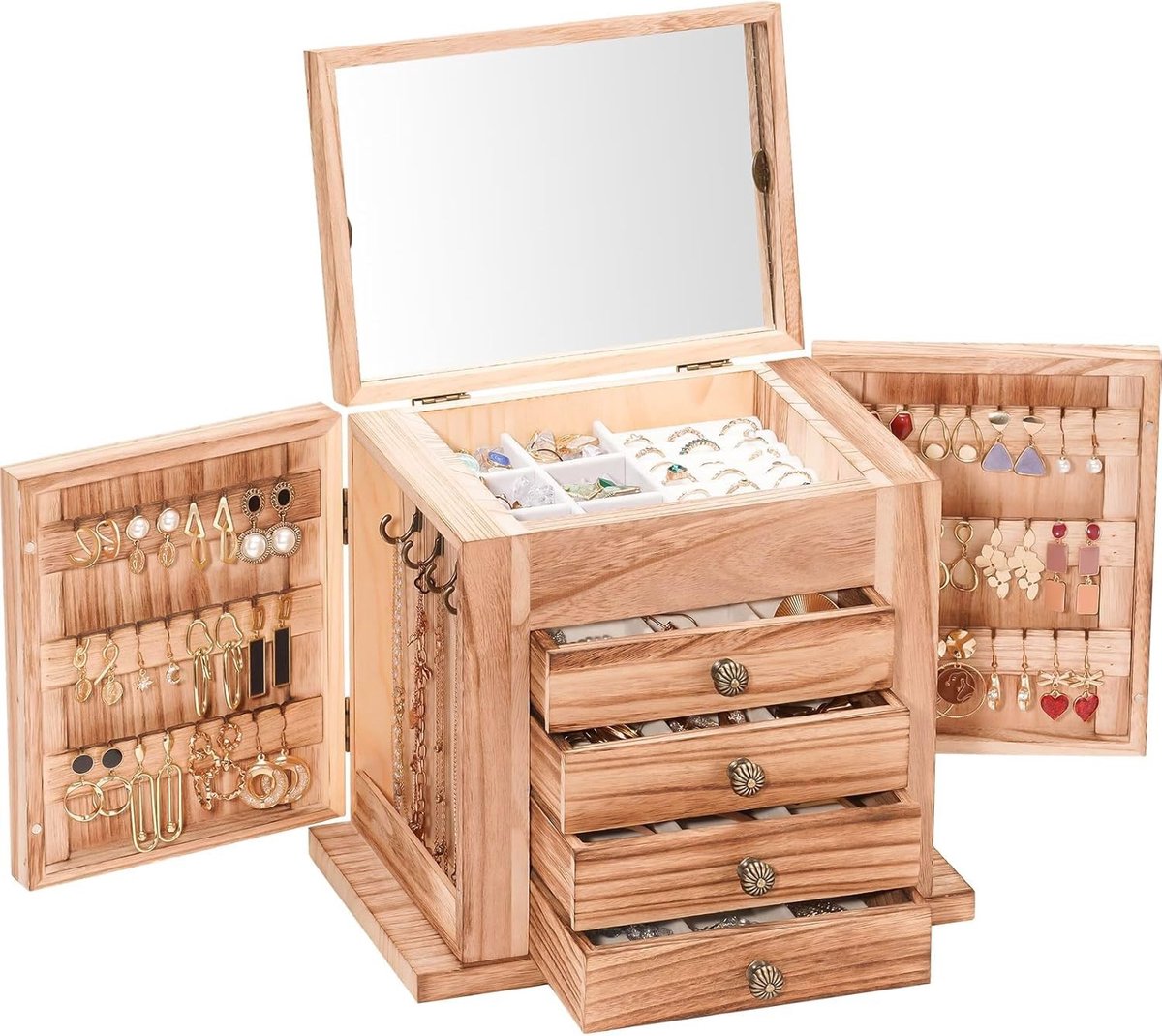 Omgoods - Houten Sieradenbox met Spiegel en Lades voor Ringen en Oorbellen