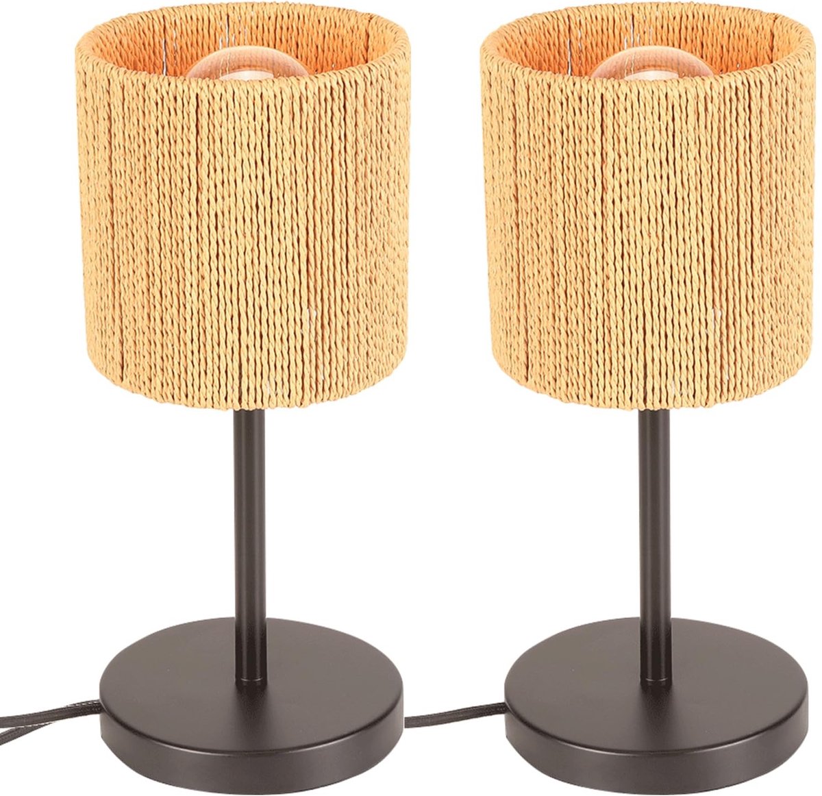 Omgoods - 2 Stuks Vintage Tafellamp - Bohemian Stijl Riet Lamp met E27 Fitting voor Slaapkamer en Kantoor
