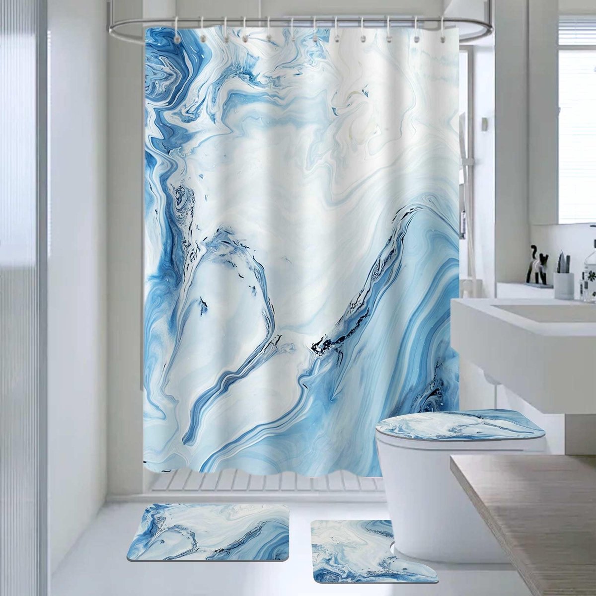 Omgoods - 4-delig Marble Douchegordijn Set met Antislip Matten