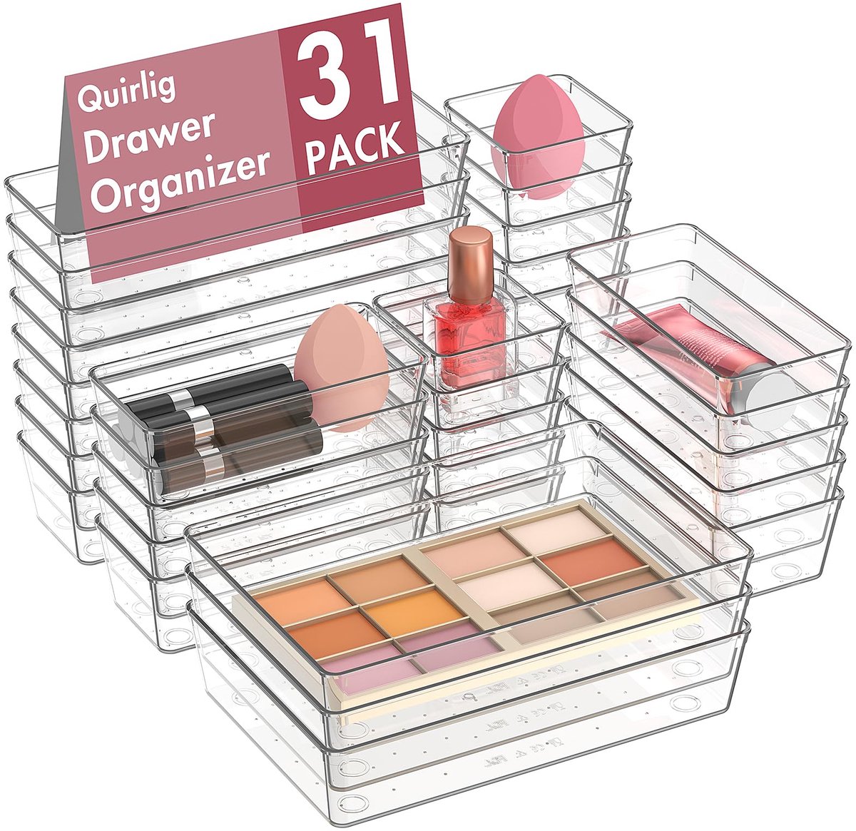 Omgoods- Lade-Organizer 31-delig - Verstelbaar - Stapelbaar - Opbergdozen voor Make-up - Keuken/Bureau/Gereedschap - Transparant Kunststof
