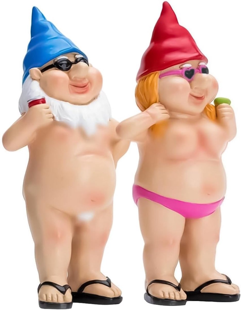 Omgoods- Tuinkabouter Grappig - Tuinkabouters voor Buiten - Tuinbeeld - Hars - Set van 2 - Handbeschilderd in Blauw/Rood