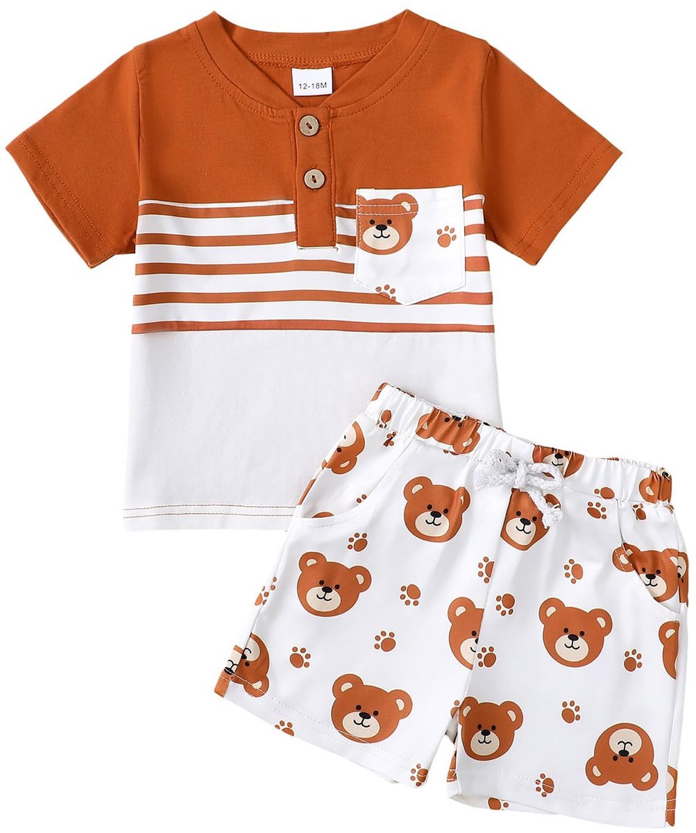 Baby jongens kleding set - korte mouwen - gestreept - schattige dino en beer print - SnelShoppen