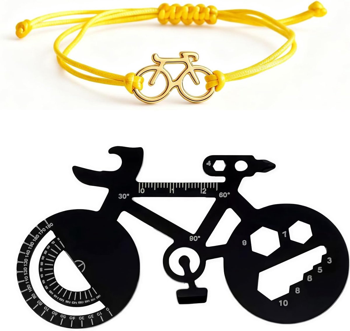 SnelShoppen - 2 Stuks Fietsgeschenken Flesopener en Zwarte Armband, Multifunctionele Bieropener Sleutelhanger, Fietsdecoratie, Draagbaar Buitengereeds