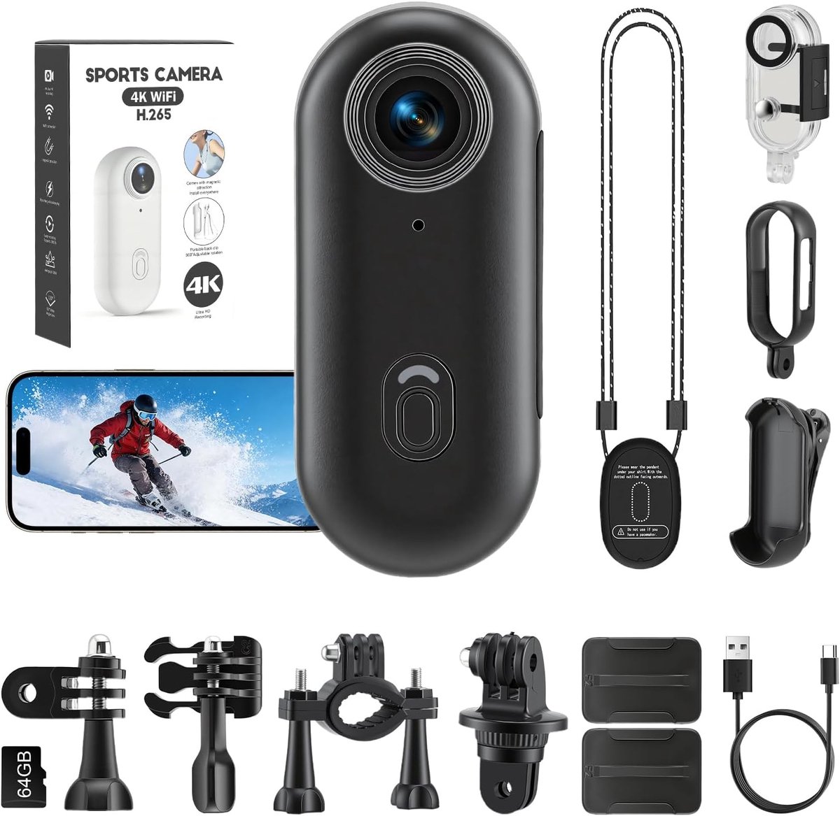 SnelShoppen - Multifunctionele Mini Actiecamera, WiFi, 4K Body Cam, 120° Groothoek, Onderwatercamera met 64GB Geheugenkaart, Draagbaar voor Skiën, Hik