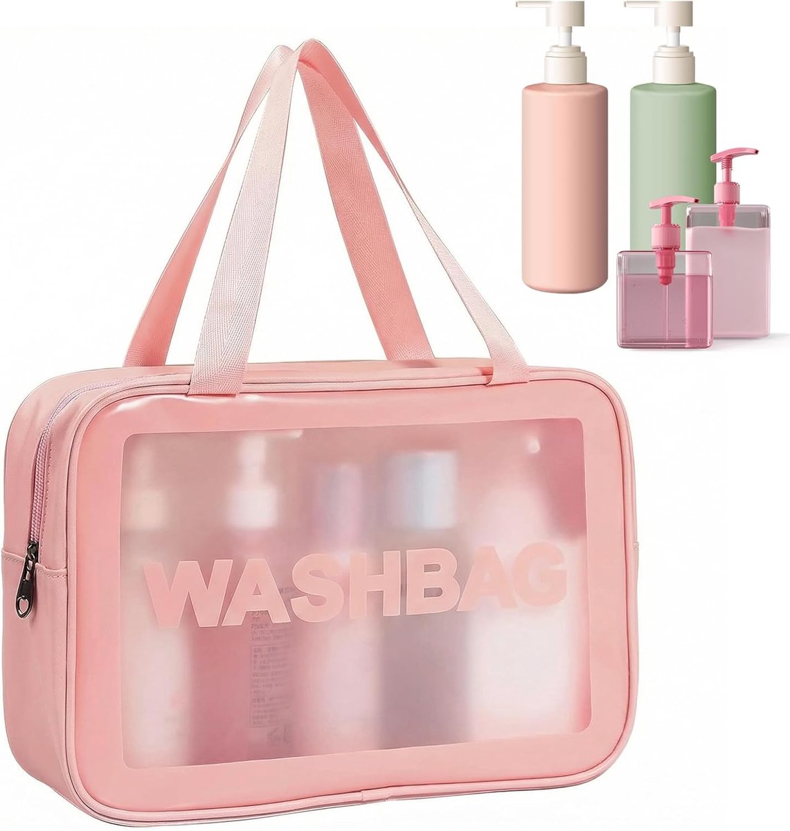 SnelShoppen - Makeup Tas Doorzichtig PVC Waterdicht Cosmetica Tas Toilettas met Handvat Grote Capaciteit voor Thuis, Vervoer en Reizen, Roze, Classic