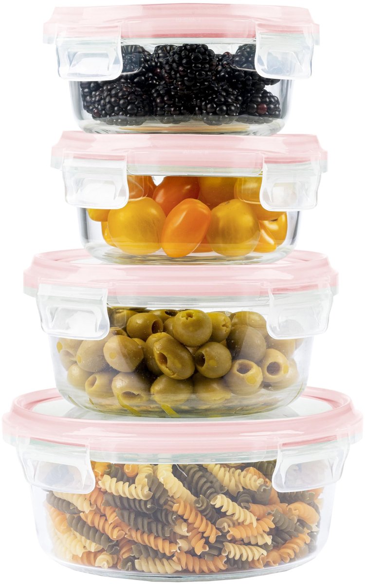 Omgoods- Vershoudbakjes Glas - Ruimtebesparende Voedselopslag - Set van 4 - Geschikt voor Magnetron/Vriezer - Luchtdicht - Ronde Container met Deksel - Voedselopslagcontainers