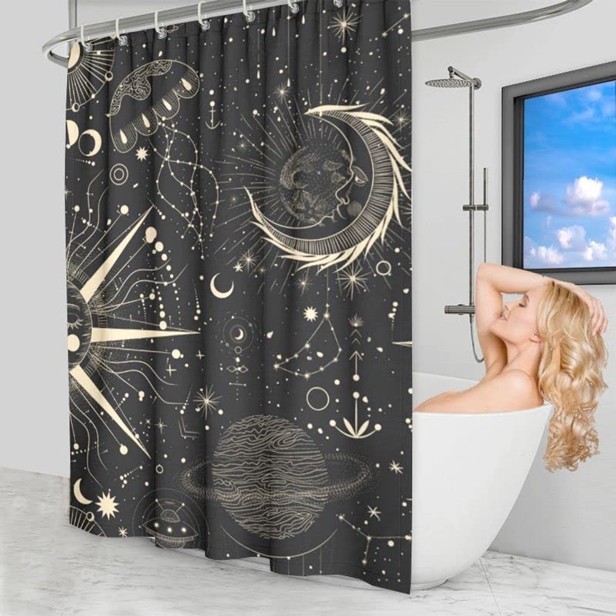 Omgoods - Douchegordijn Zwart-Goud 180 x 180 cm Schimmelwerend en Machinewasbaar