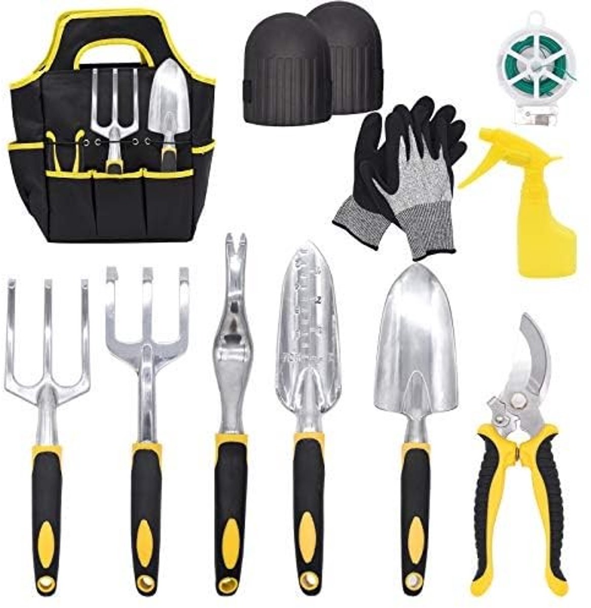 Omgoods- Tuingereedschapset 11-delig - Roestvrij Staal Handgereedschap - Tuinieren Draad 20M - Sprayfles - Tuinhandschoenen - Zware Gereedschapstas - Tuinset