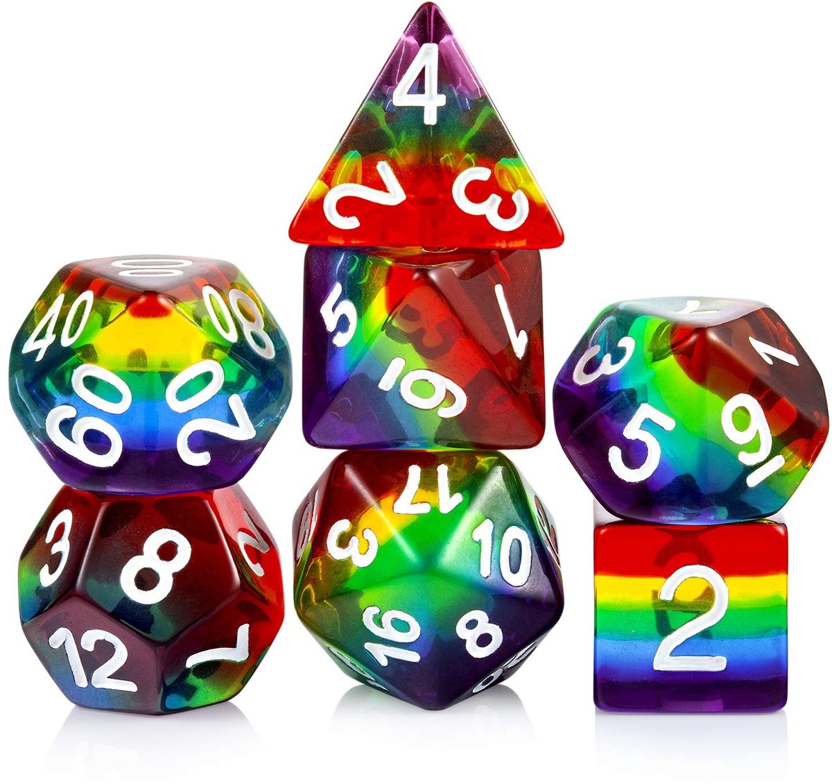 Omgoods - Transparante Regenboog DND Dobbelstenen met Organza Zak