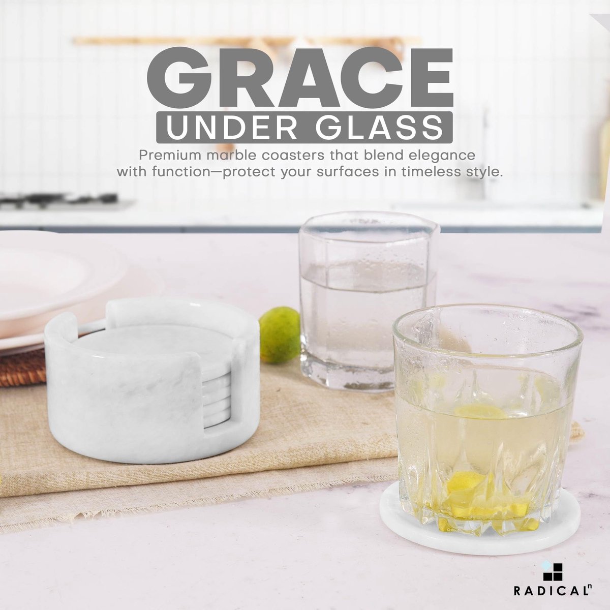 Omgoods - Set van 6 Marmeren Coasters met Houder voor Tafel en Koffietafel