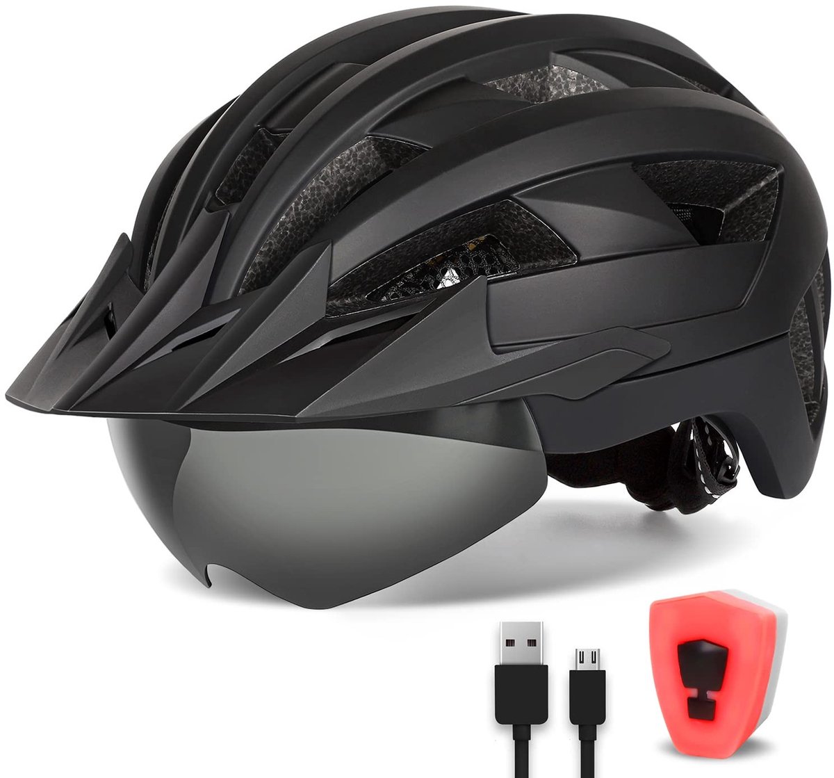 Omgoods - Lichte Fietsk Helmet met Zonnebril en USB LED Achterlicht