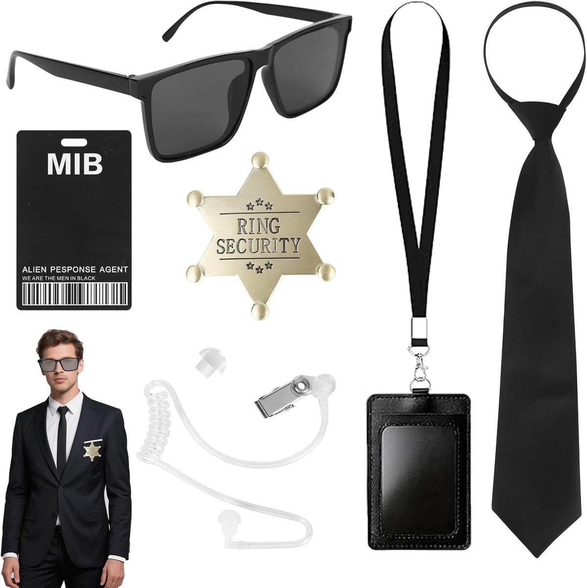 Compleet Set van 7 Accessoires voor Geheimagent Kostuum, Beveiligingsagent Outfit met Stropdas, Zonnebril, Hoofdtelefoon, Oortje, Badge, ID en Kaarthouder, Multicolor