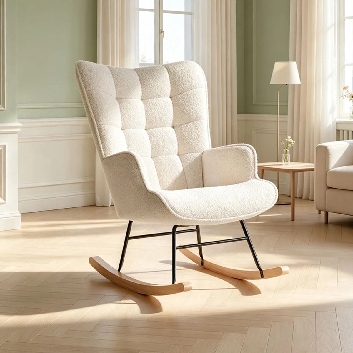 Parasha Nova schommelstoel - Teddy Fleece Relaxstoel met ijzeren frame- houten poten Voedingsstoel voor slaapkamer - Woonkamermeubilair