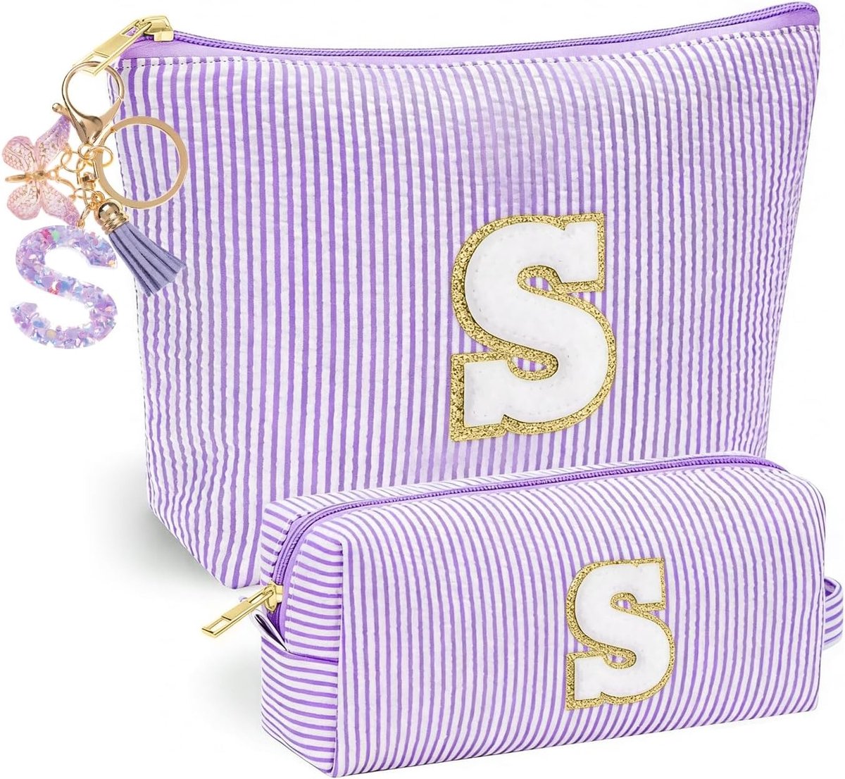 Gepersonaliseerde Make-uptas in Paars met Vlinder Kwastje en Sleutelhanger voor Meisjes, Perfect voor Cosmetica en Accessoires