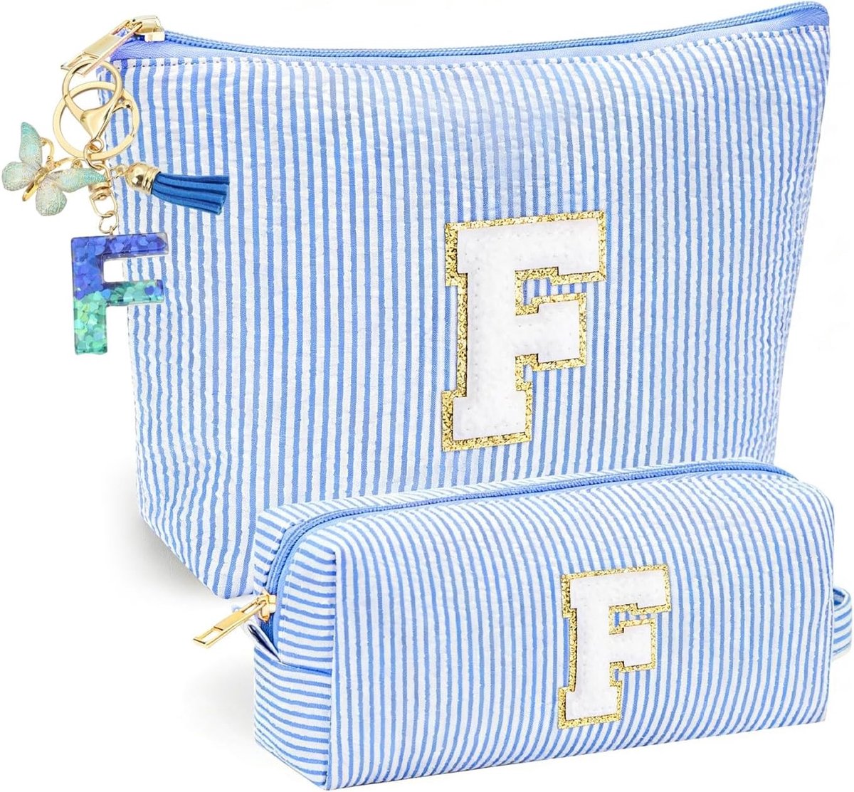 Persoonlijke Blauwe Make-up Tas met Sleutelhanger, Vlinder Kwast en Initialen voor Tienermeisjes - Perfect voor Make-up en Accessoires