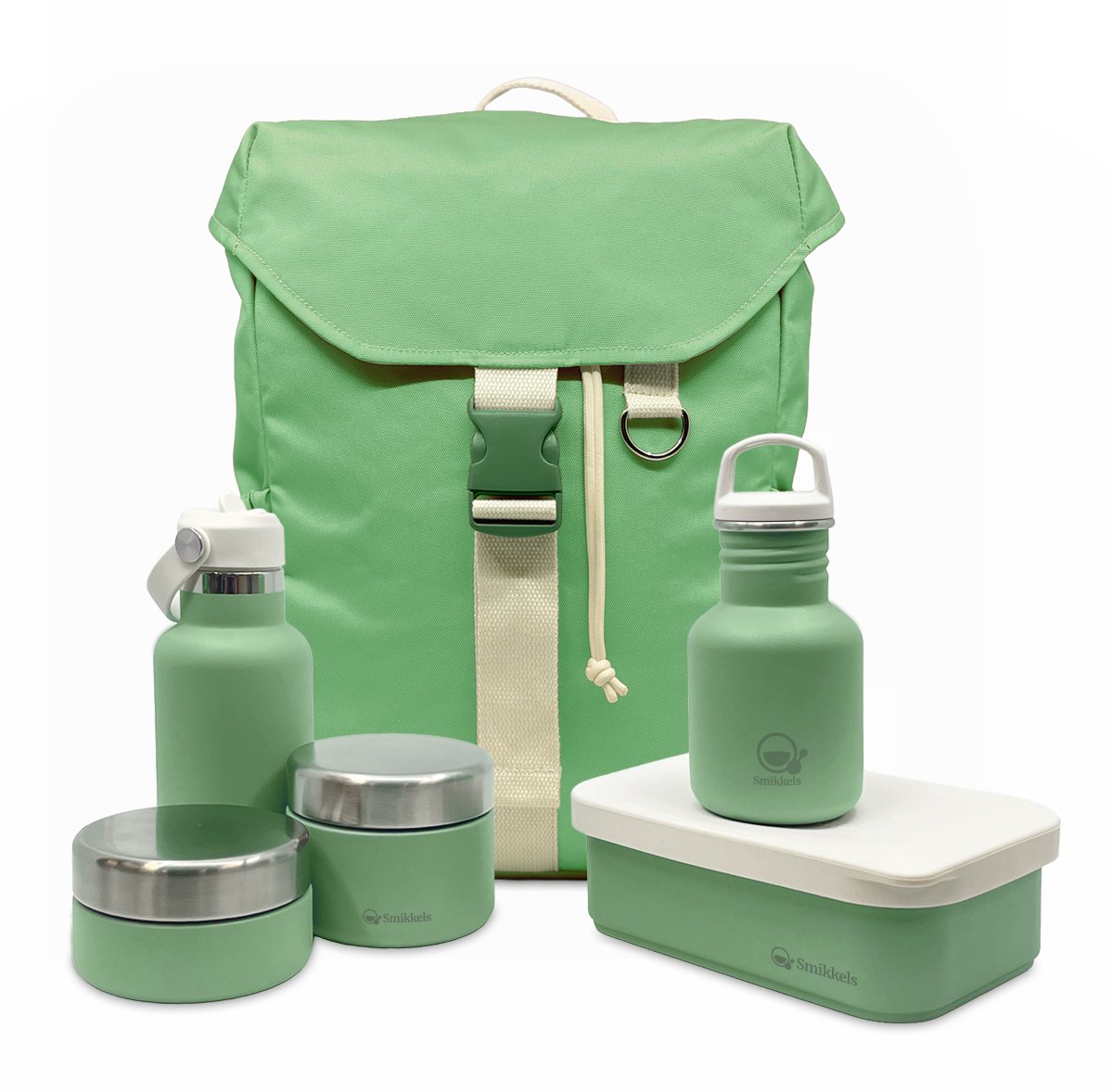 Smikkels - Complete startset basisschool - Schoolset Daily Wander Original Groen - Rugzak - RVS lunchbox - drinkfles - thermosfles - fruitbakjes - kinderen