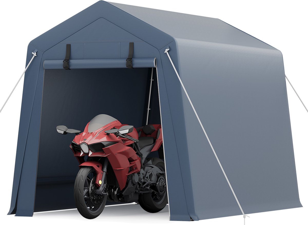 Triumpunpre Carport Motorfiets Overkapping 183x243x213 cm XL - PE Zeil Tent met Rits Deur & Ventilatie Ramen - Weerbestendige Garage Tent Grijs