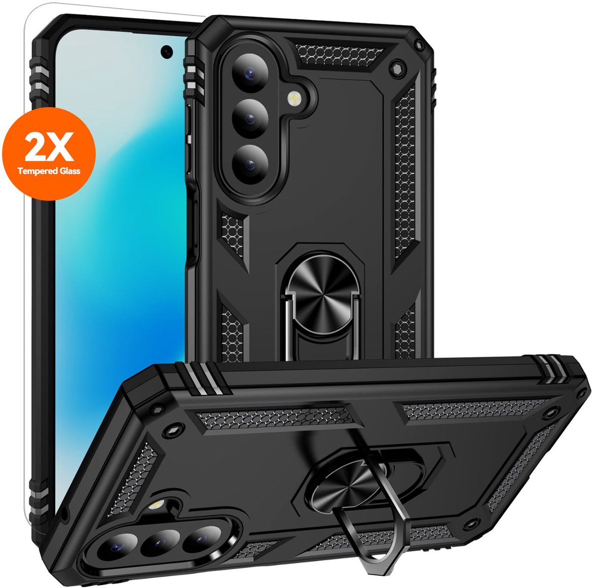 Hoesje Geschikt voor Samsung Galaxy A27 Hoesje – Zwart Hybride Armor Anti-Shock Hoes met Draaibare Ringhouder – Inclusief 2x Screenprotector