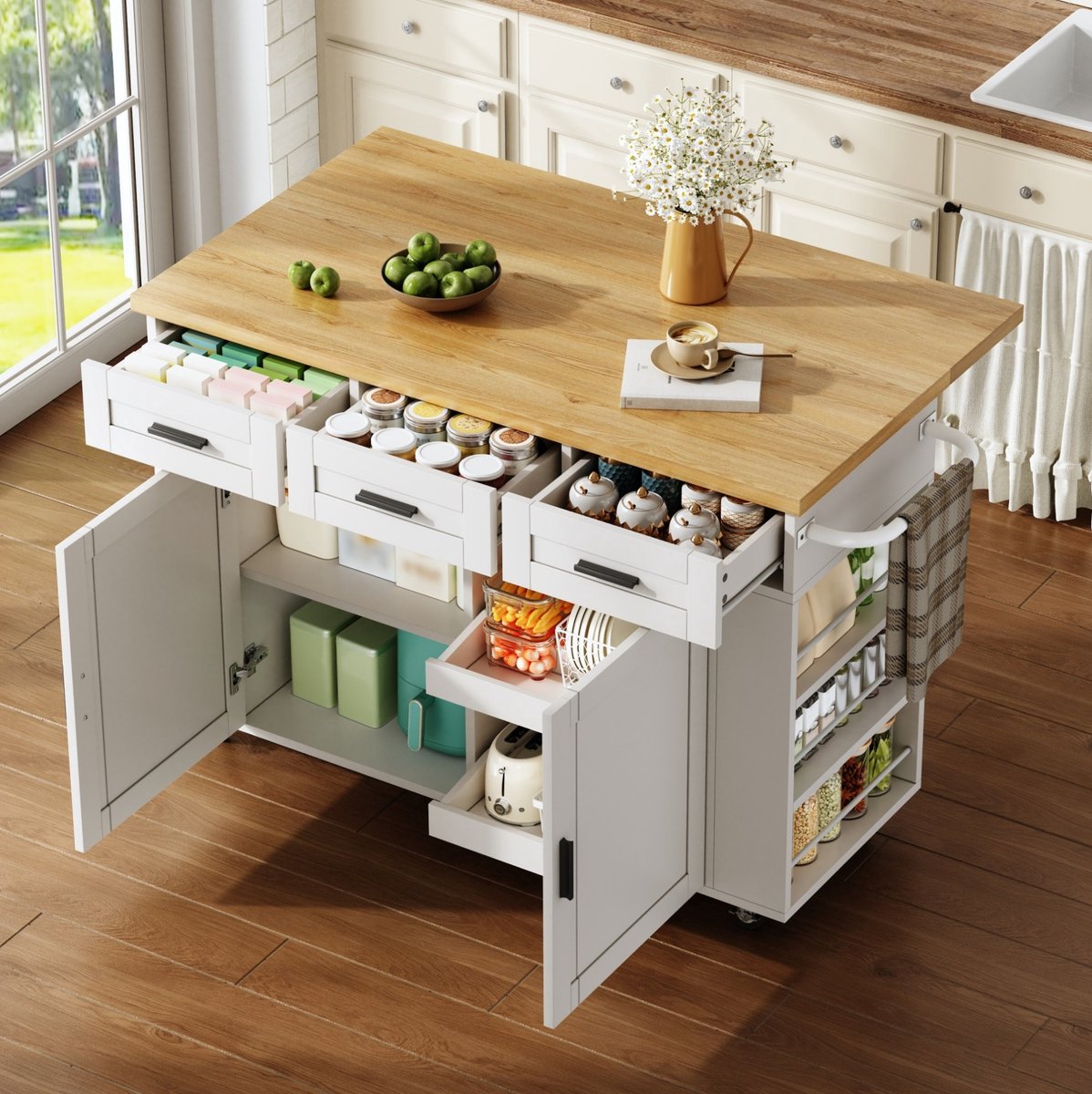 FloraGrace Buitenkeuken - Mobiele Keukeneiland Met Klapbaar Werkblad En Stopcontact - Opbergruimte Op Wielen - MDF - 120x70x84 Cm - Naturel Wit