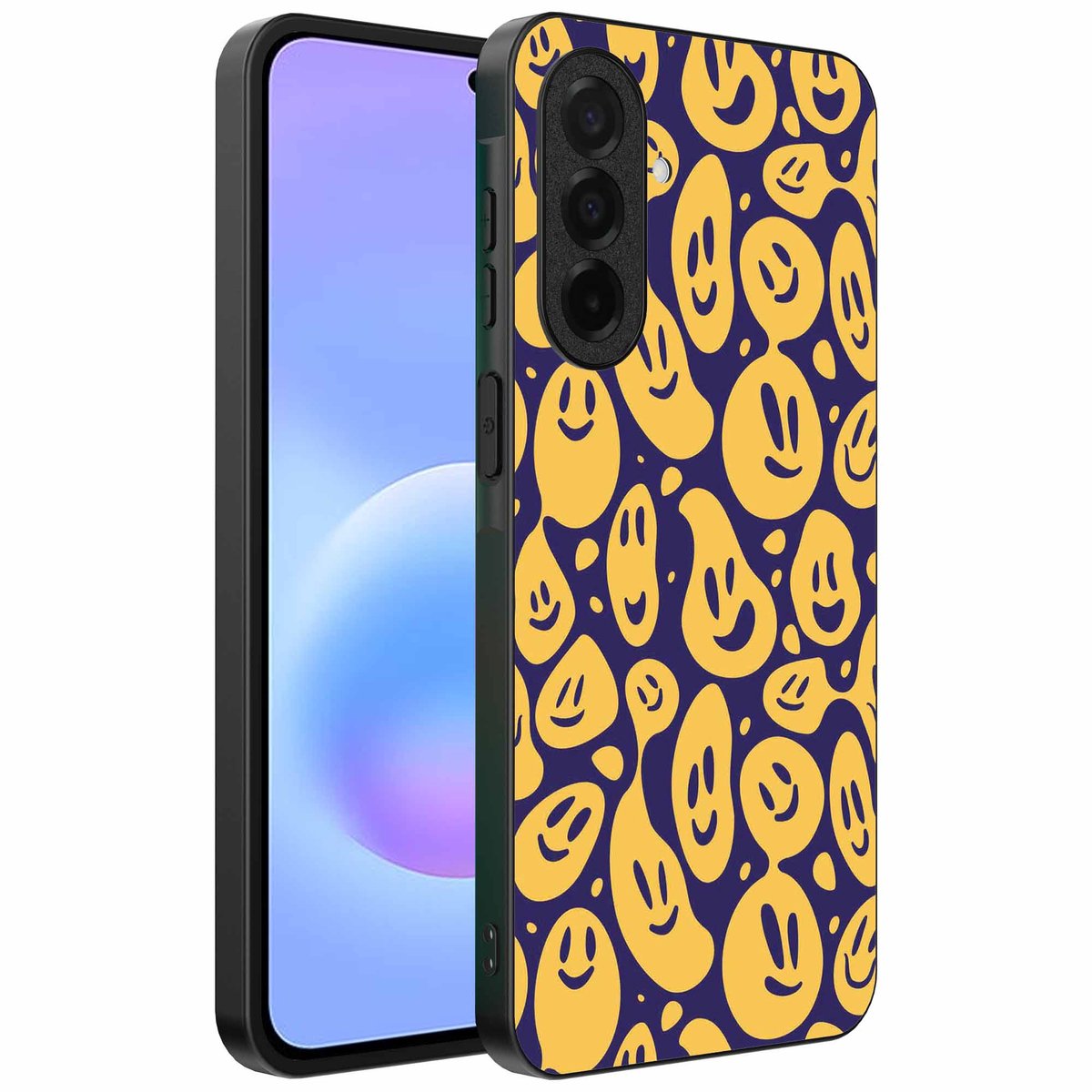 Geschikt voor Samsung Galaxy A57 Telefoonhoesje met smiley opdruk - TPU backcover case emoji design - Paars Geel - Smartphonica geschikt voor Samsung Galaxy A57