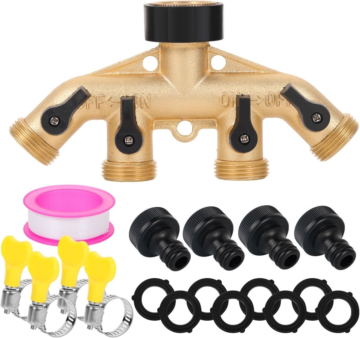 SnelShoppen - 4-weg Ventiel Waterverdeler, Tuinslangen Splitser Connector, Messing Schroefdraad 3/4", Slangverdeler voor Tuin, Buiten, Binnenplaats, G