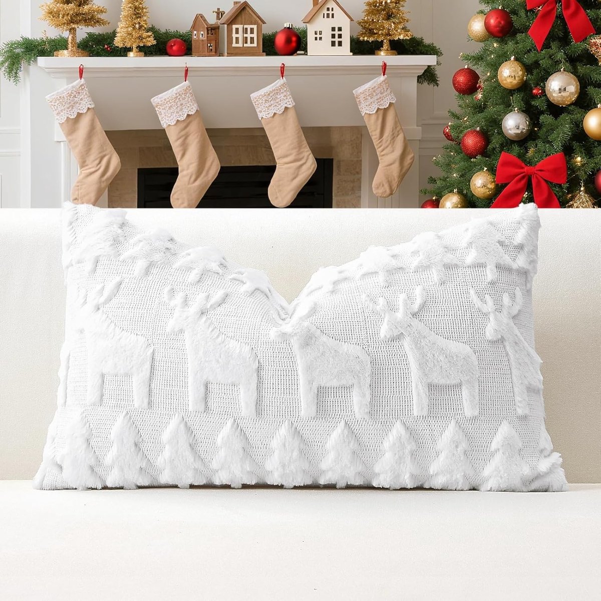 Decoratieve Kerst Kussenhoezen van Velvet voor Sofa, Slaapkamer en Woonkamer - 40 x 60 cm met Elken en Kerstbomen Motief