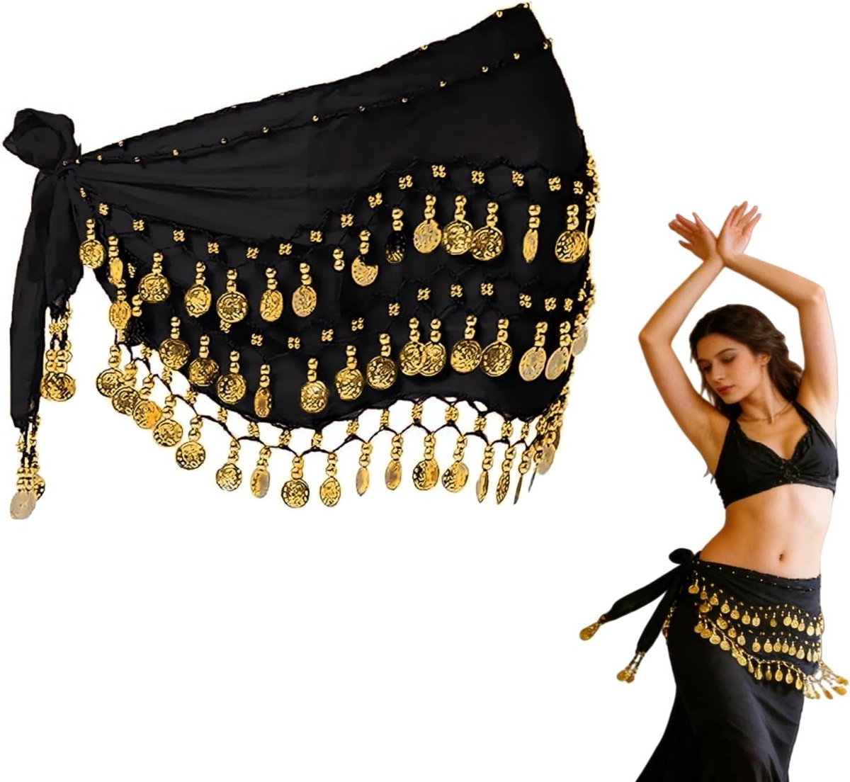 Belly Dance Gordel met Munten en Chiffon, Ideaal voor Danskostuum en Optredens, Zwart, One Size