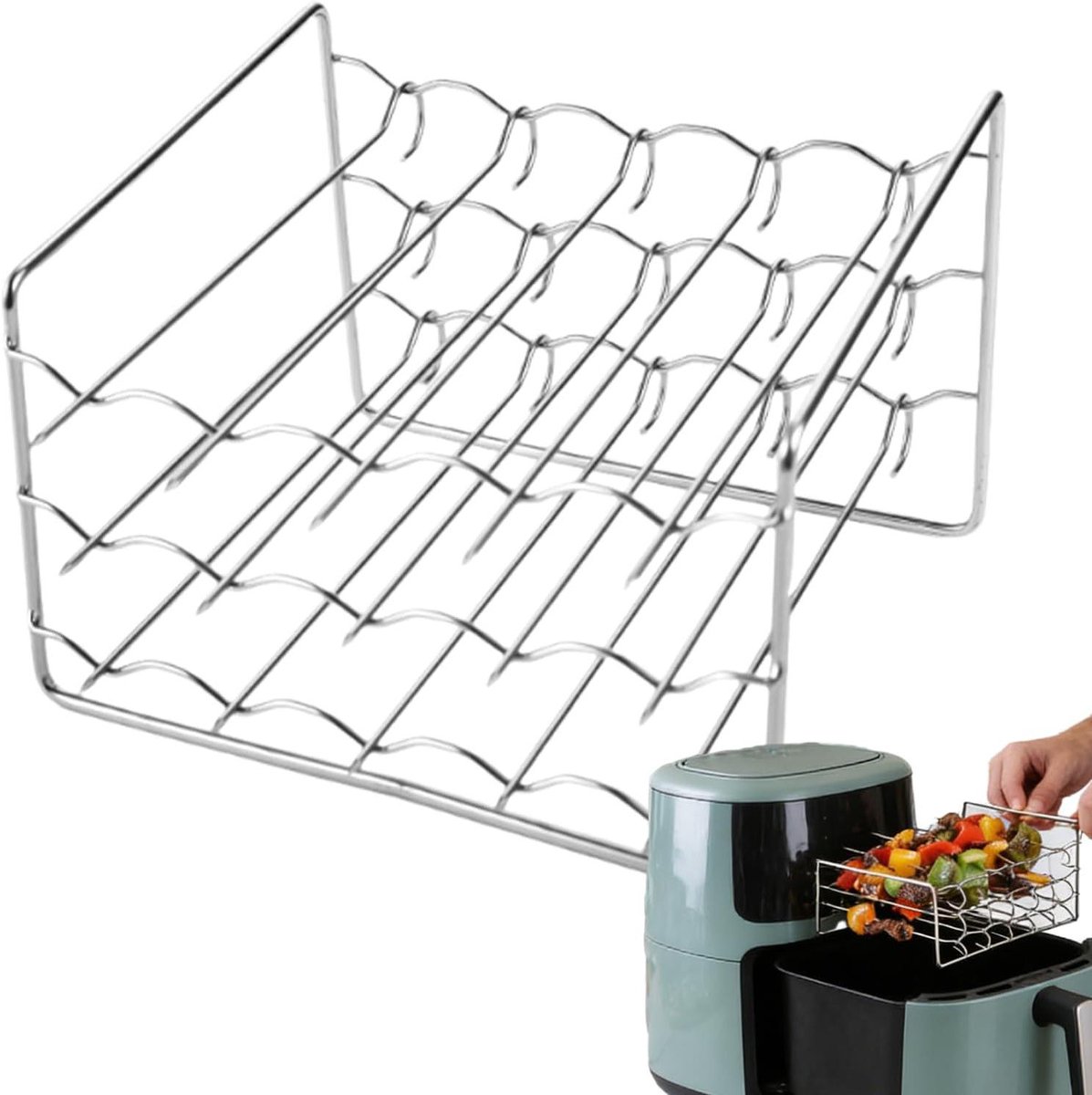 Airfryer Grillrek - Barbecuerek - Meerdere Gerechten Koken - Universeel 3-laags - 15 x 11.5 x 10 cm - Zilver