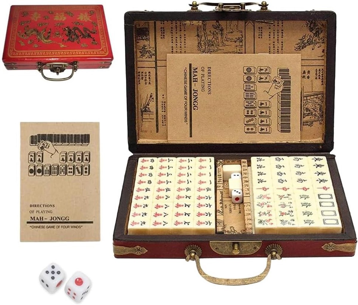 Antiek Chinees Mahjong Spel met 144 Tegels, Draagbare Vintage Lederen Opbergcase voor Gezins- en Vriendenbijeenkomsten, Perfect voor Feestjes en Spelavonden