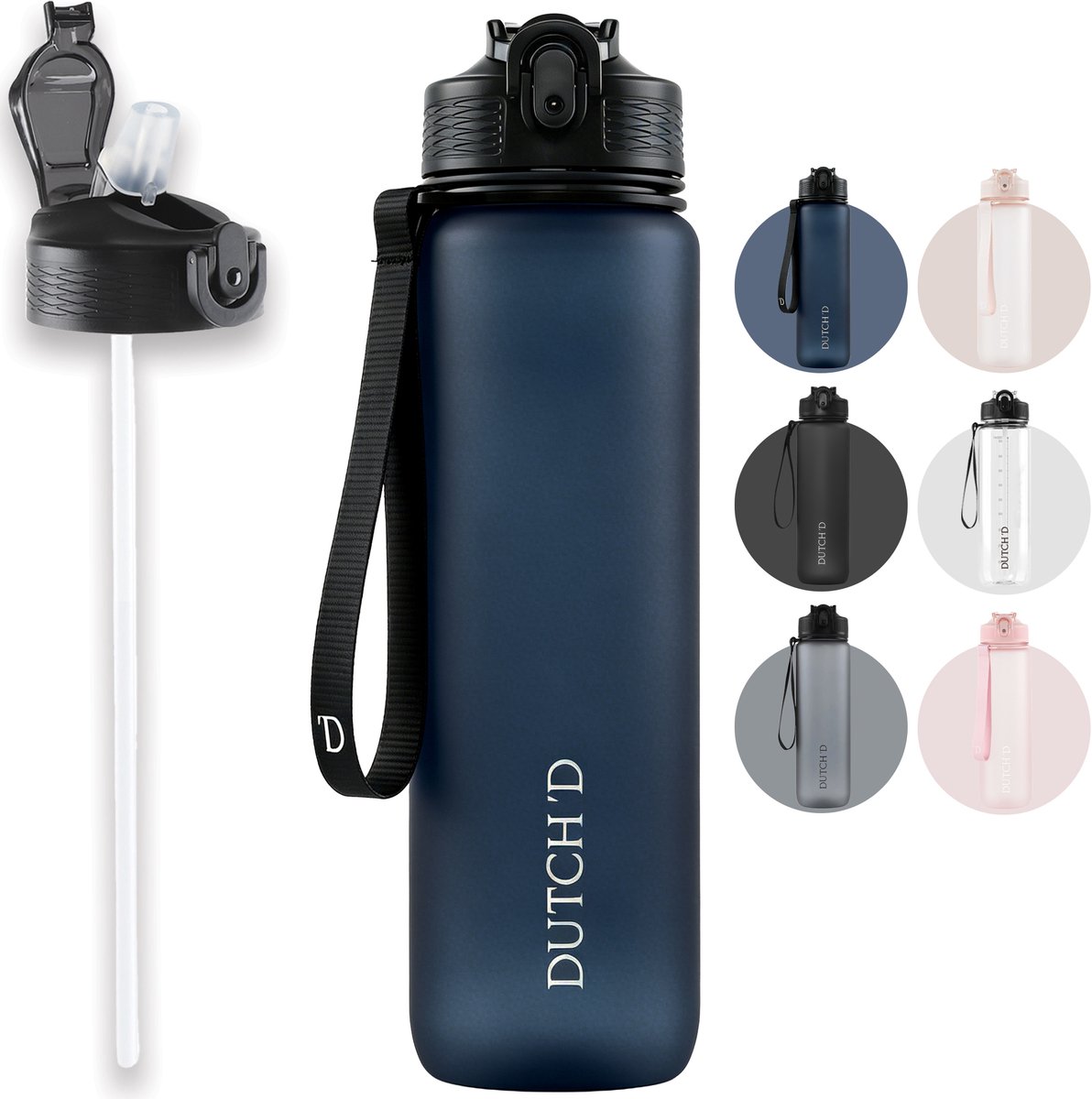 Dutch'D ® 1 liter Drinkfles - Drinkfles met rietje - Waterfles - Navy - Drinkfles Volwassenen - Lek Vrij - Cadeau voor haar - Verschillende Drinkflessen en waterflessen - Drinkbeker - Sportfles - Drinkbus