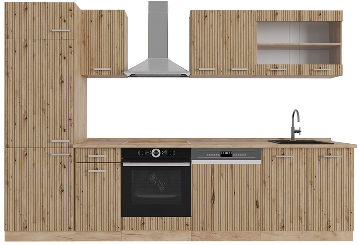 Vicco R-Line Complete keukeneenheid – 300 cm zonder werkblad Artisanaal eiken/Goudkraft eiken