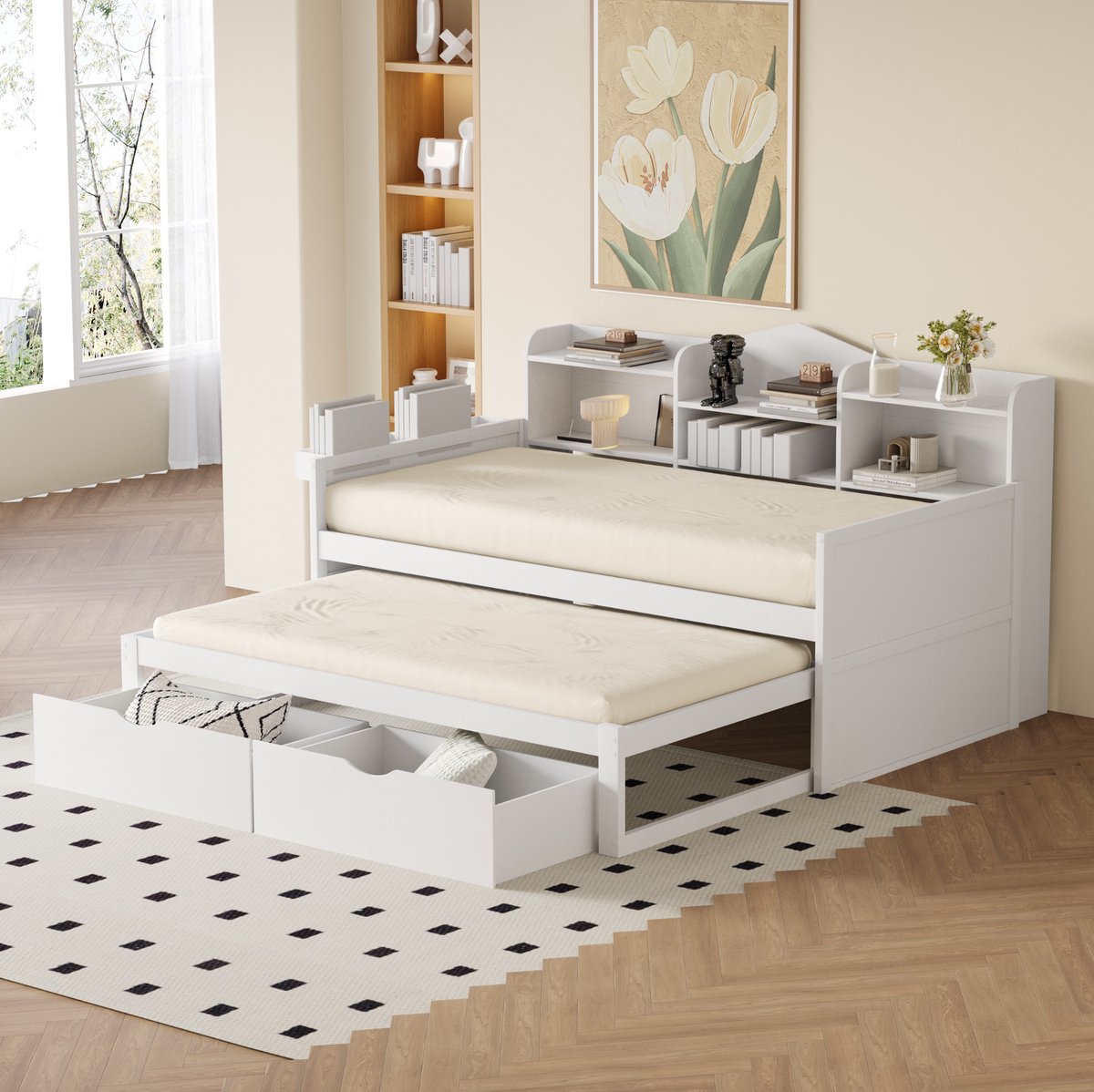COVREO Slaapbank 90x200 cm wit, hout, MDF en metaal met uitschuifbed