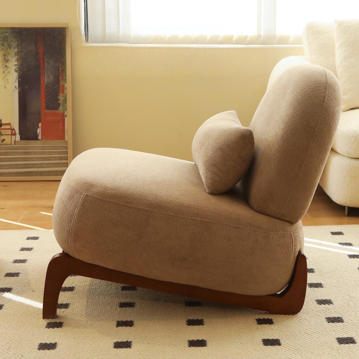 zachte kussens, knusse slaapkamerstoel, comfortabele armloze leesstoel voor appartement, wachtruimte, balkon- Camel